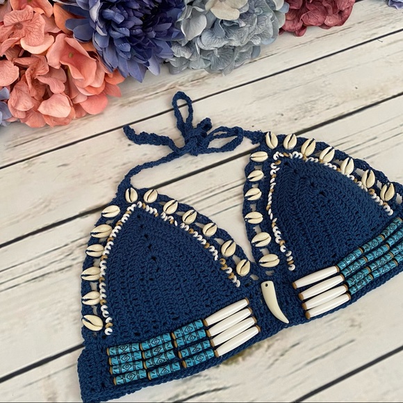 Boho Handmade Blue Shell Crochet Bikini with Beads - Picture 9 of 16